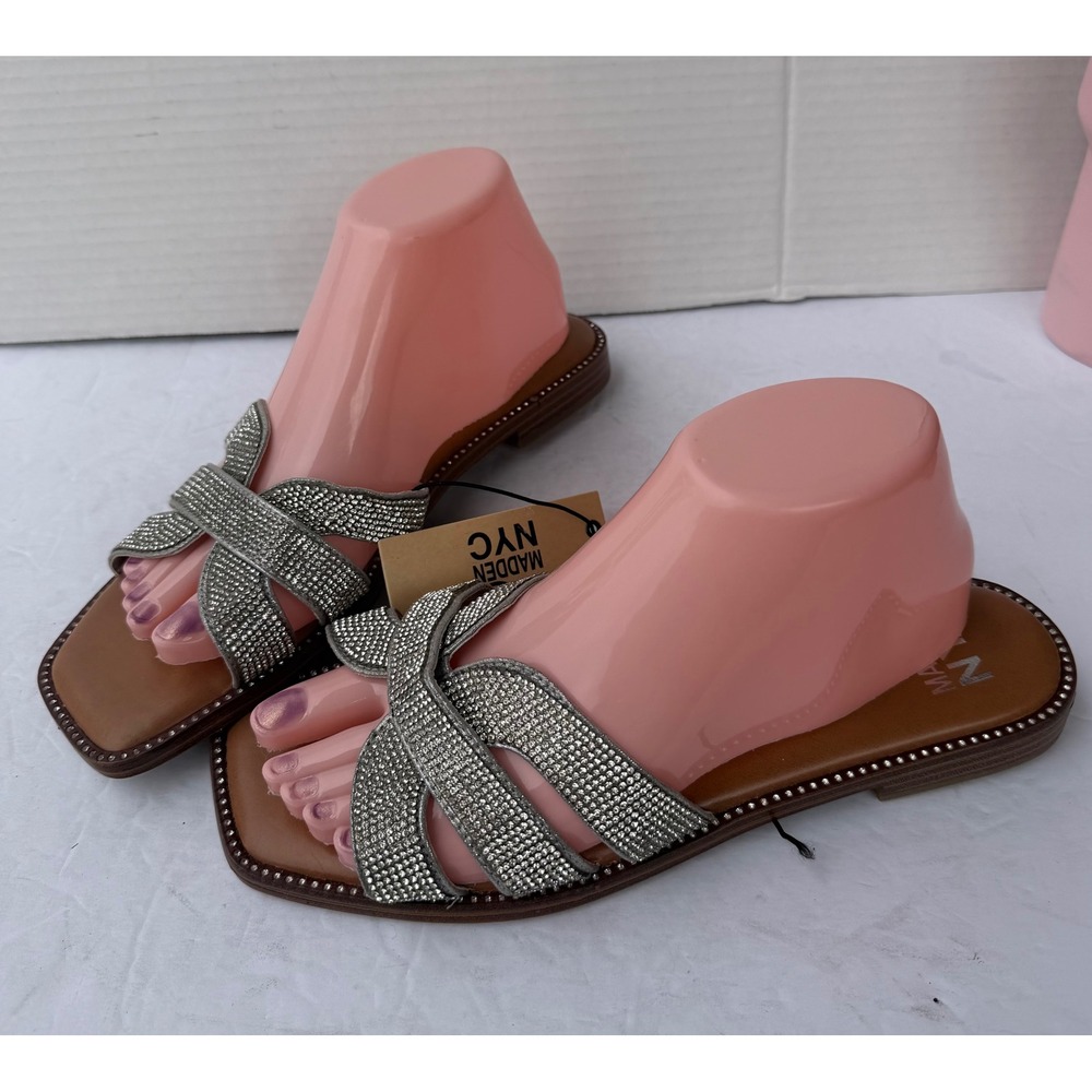 Madden NYC Silver Rhinestone Strappy Flat Glam Square Toe Slide Sandals NWT 8.5